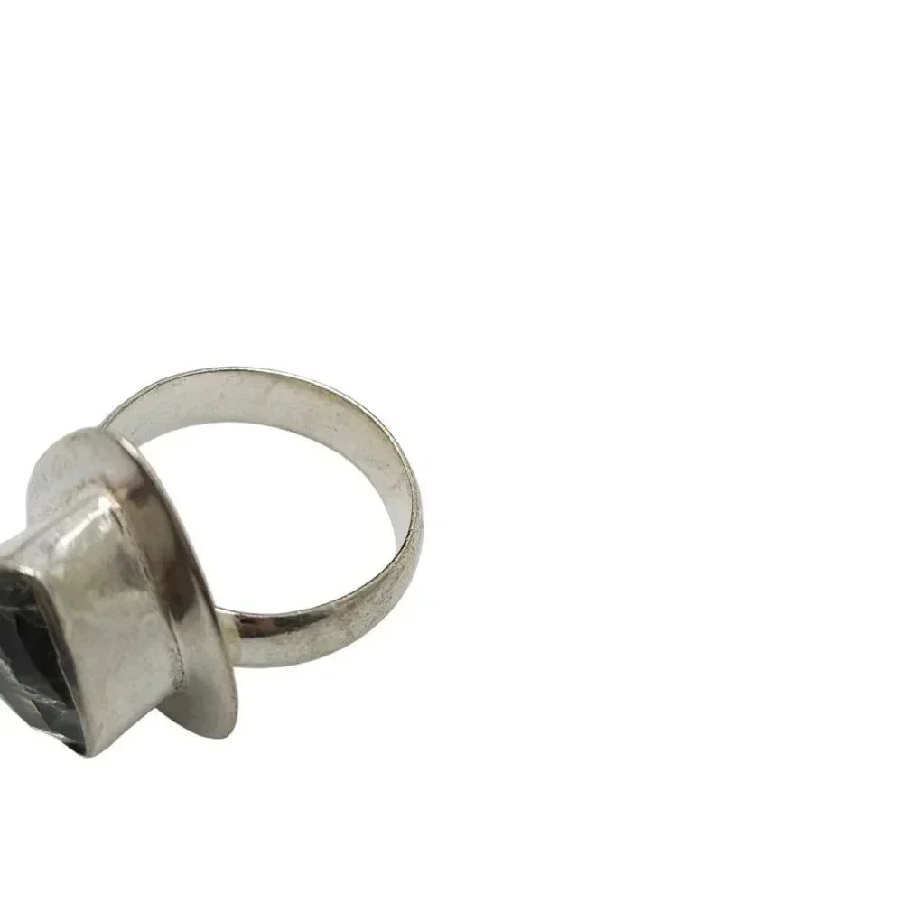 Gray Quartz Faceted Gemstone Triangle Ring Size 8 Silver Plated Vintage